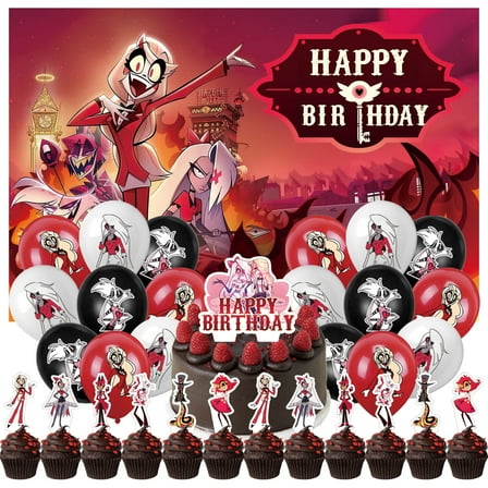 32 Pcs For Hazbin Hotel Theme Party Decorations,With 5*3ft Birthday Backdrop Decorations,18 Balloons,13 Cupcake Toppers,for Birthday Party Decorations