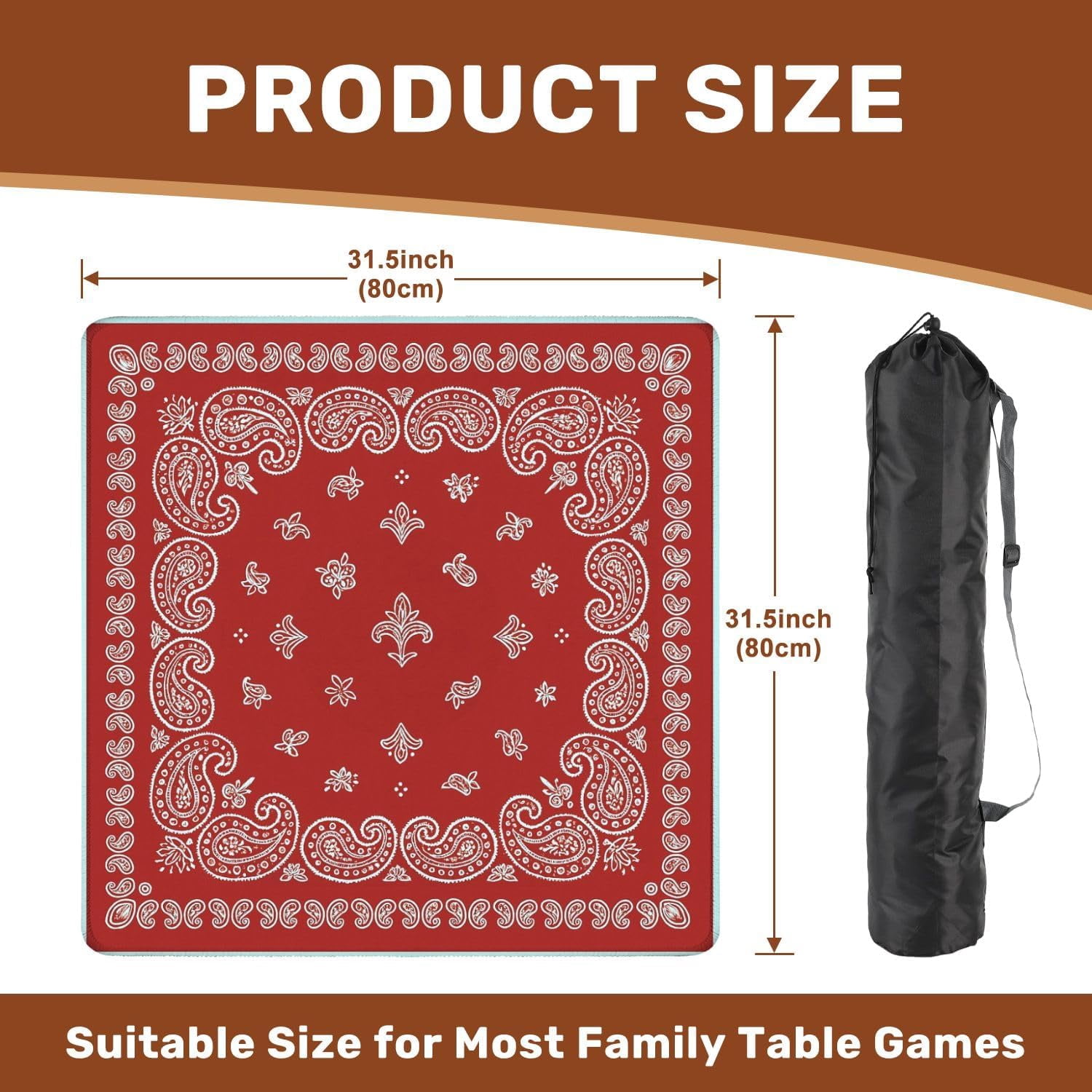 Mahjong Mat 31.5" x 31.5" Red Paisley Bandana Floral Elements White Detailing Non-Slip Noise Reduction Mahjong Tiles Table Cover for Dominoes Poker Card Board and Tile Games Gift