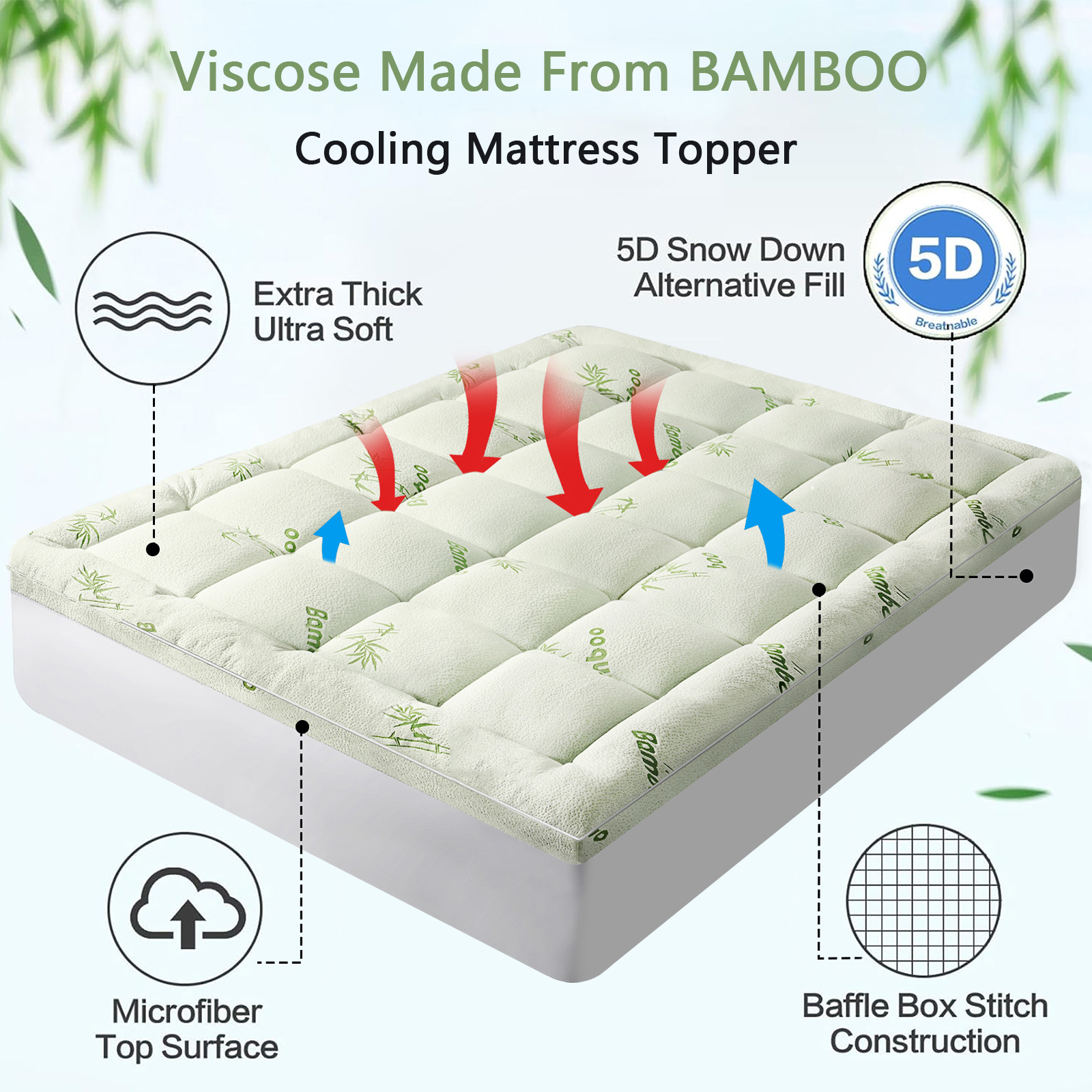 Patsba Bamboo Mattress Topper, Queen, with Down Alternative Fill photo 4