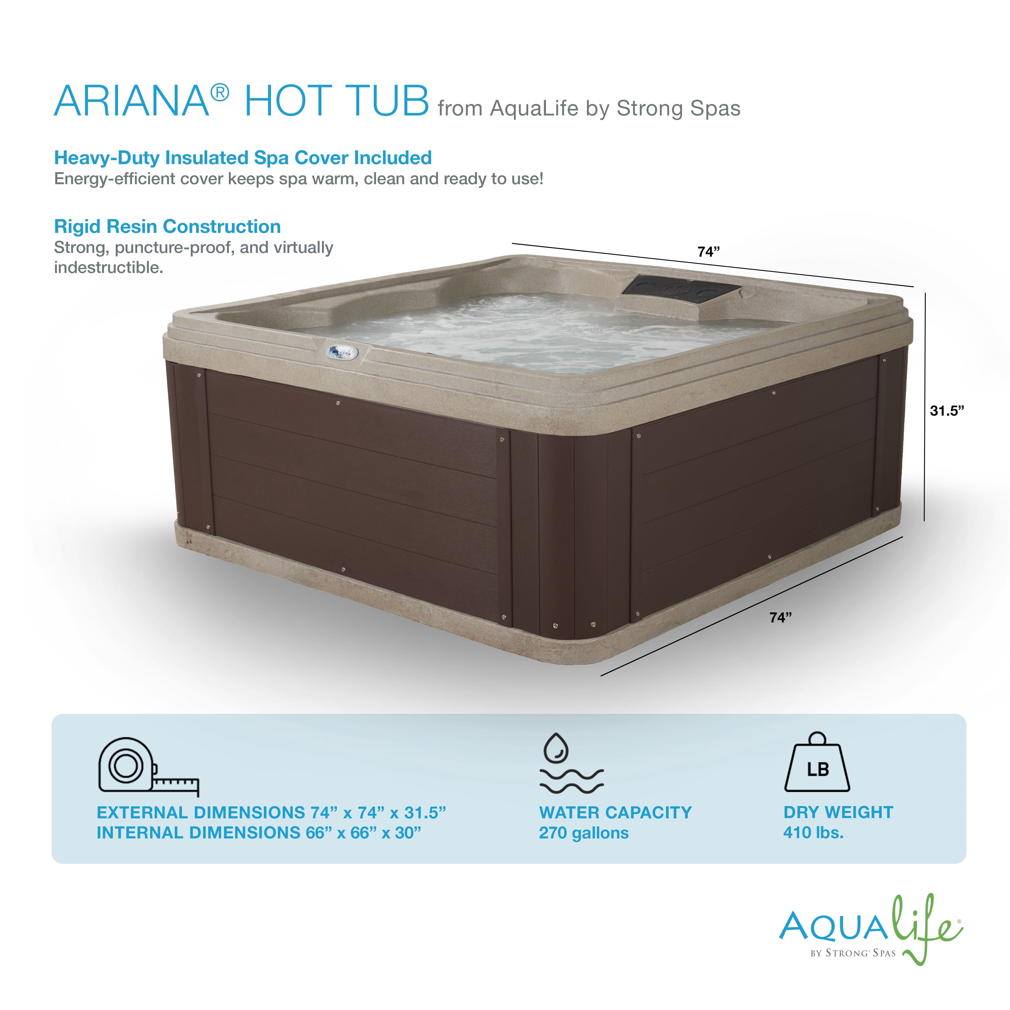 Aqualife by Strong Spas Ariana 6 Person 70-Port Lounger Spa, 30 Jets, Espresso
