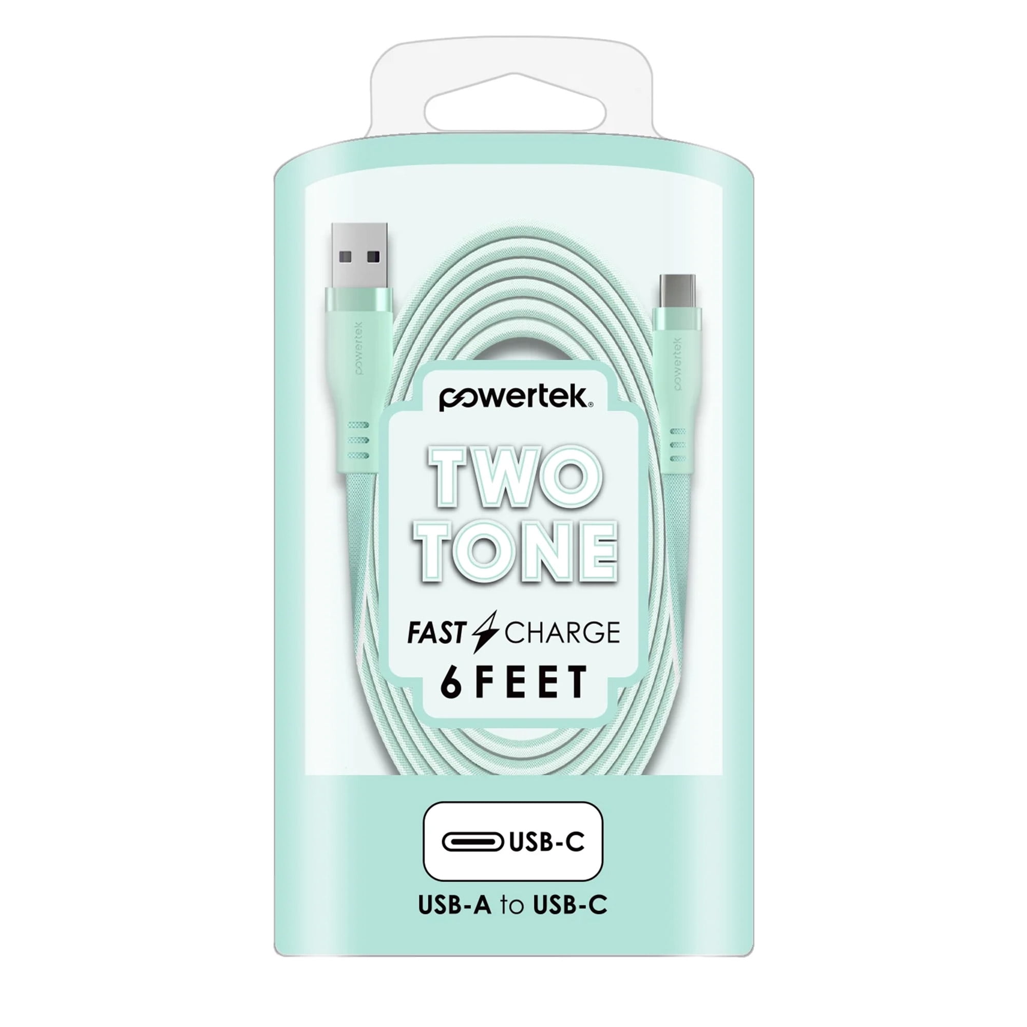 Powertek USB-A to USB-C Two-Tone Pastel Fast Charge Cable, 6 ft, Mint