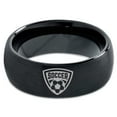 thumbnail image 2 of Tungsten Futbol Soccer Player Crest Logo Band Ring 8mm Men Women Comfort Fit Black Dome Brushed Polished, 2 of 4