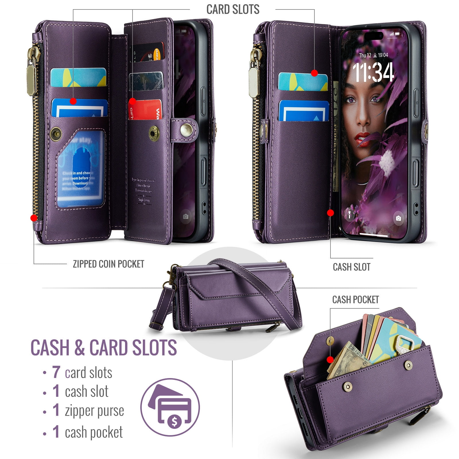 Asuwish Compatible with iPhone 16 6.1 inch Zipper Wallet Phone Case Tempered Glass Screen Protector Crossbody Lanyard Strap Flip Card Holder Slot Cell Cover for i Phone16 i16 16Case Women Purple