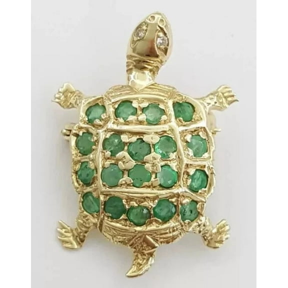 Shree Diamonds 2.50CT Lab-Created Round Cut Green Emerald Turtle Brooch Pin in 14K Yellow Gold Plated