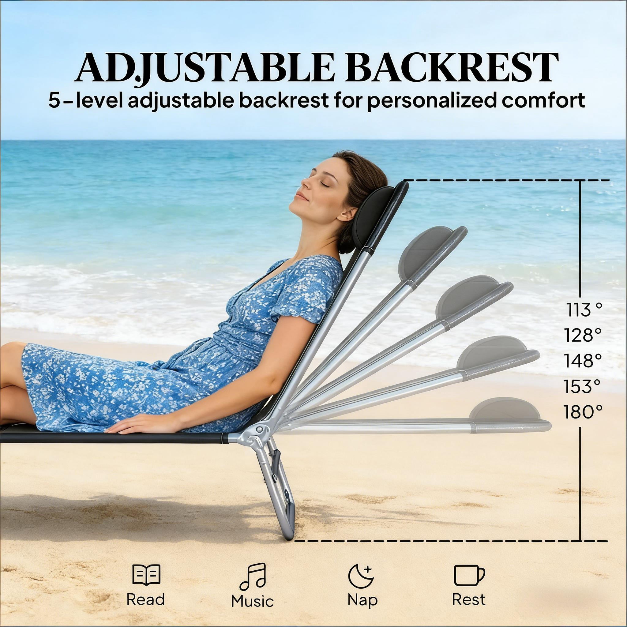 Handy Folding Chaise Lounge Chairs 2 Piece Set 5 Position Adjustable Backrest Breathable Mesh Fabric Head Pillow Portable Outdoor Pool Beach Sun Loungers