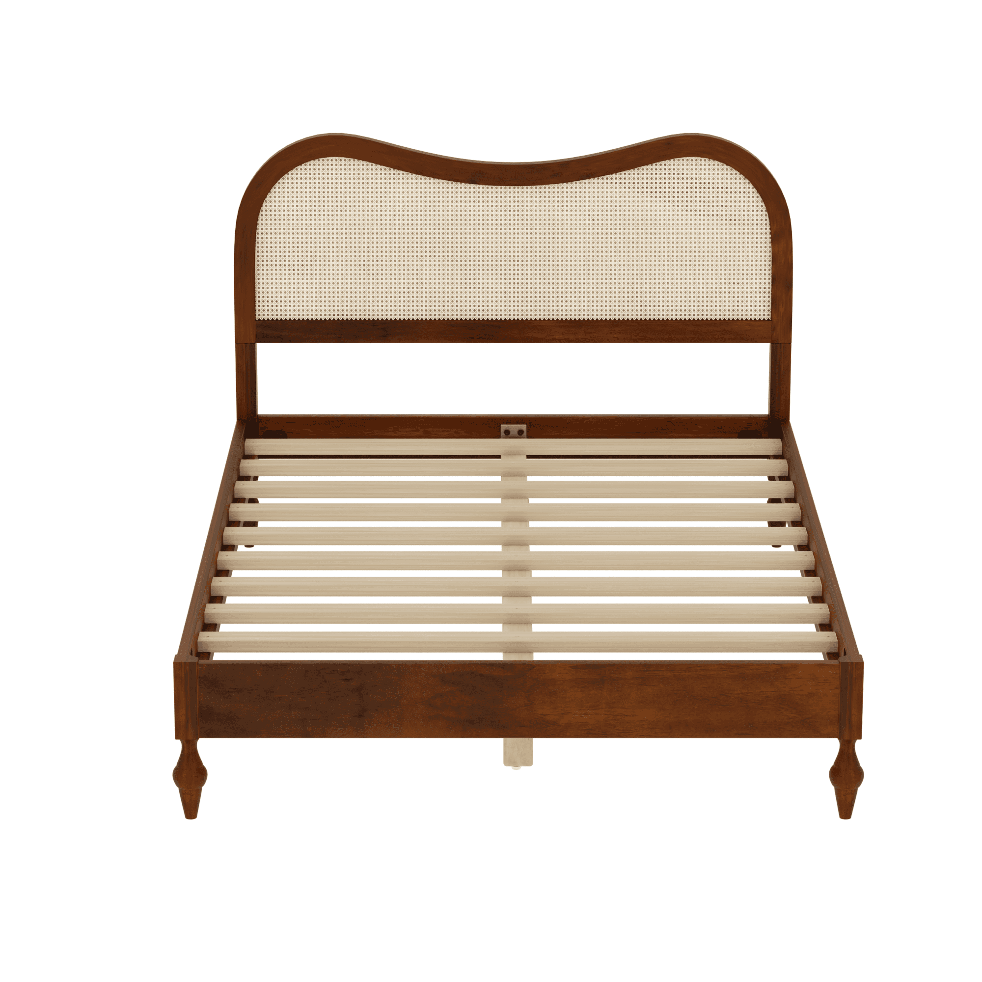 Euroco Queen Size Mid-Century Wood Platform Bed with Curved Rattan Cane Headboard, Scandinavian Natural Style Bed, No Box Spring Needed, Walnut