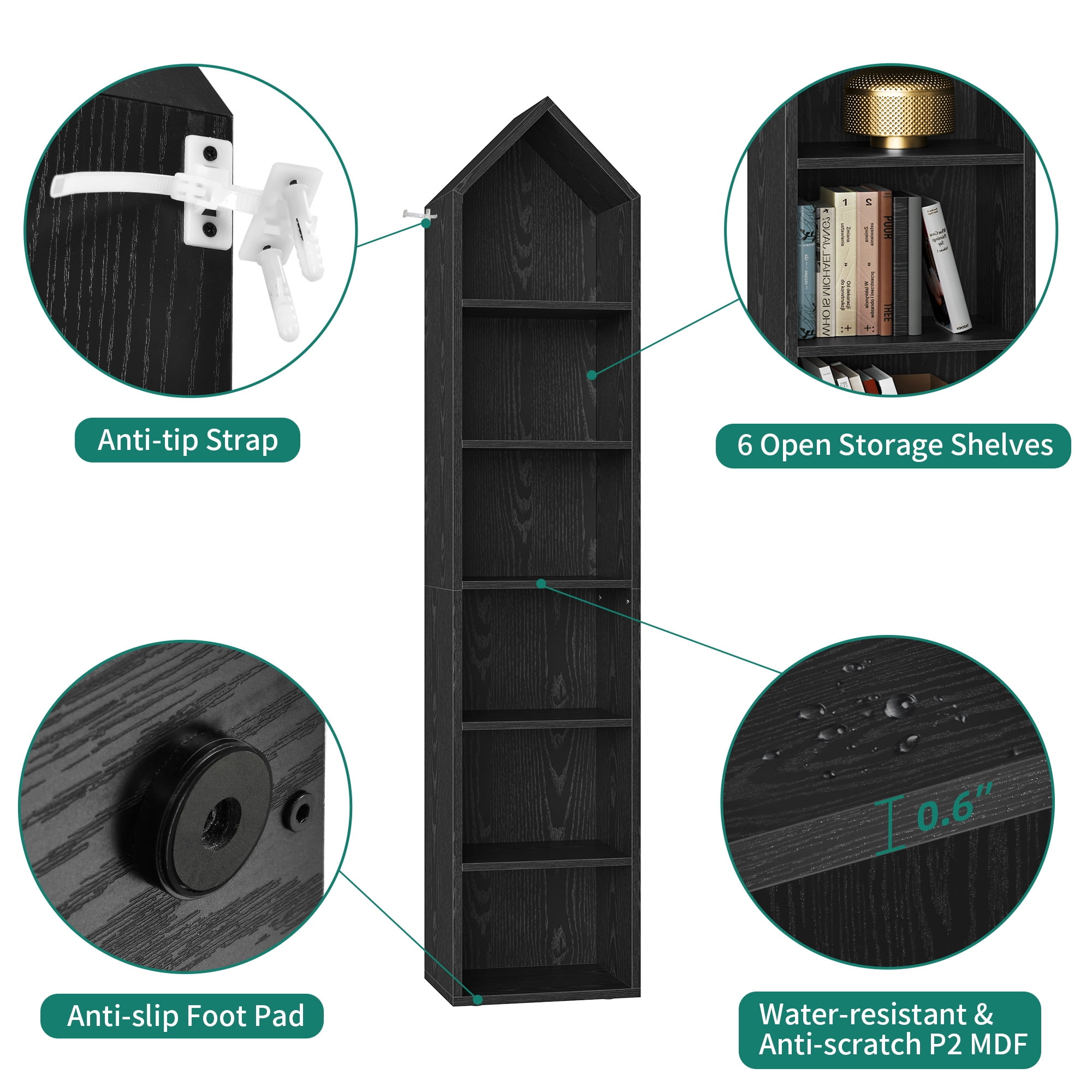 6-Tier Open Shelf 6-Cube Storage Organizer Standard Wood Bookcase Bookshelf Wall Shelf 72.8" Tall Narrow Bookcase Display Stand Home Office, Black