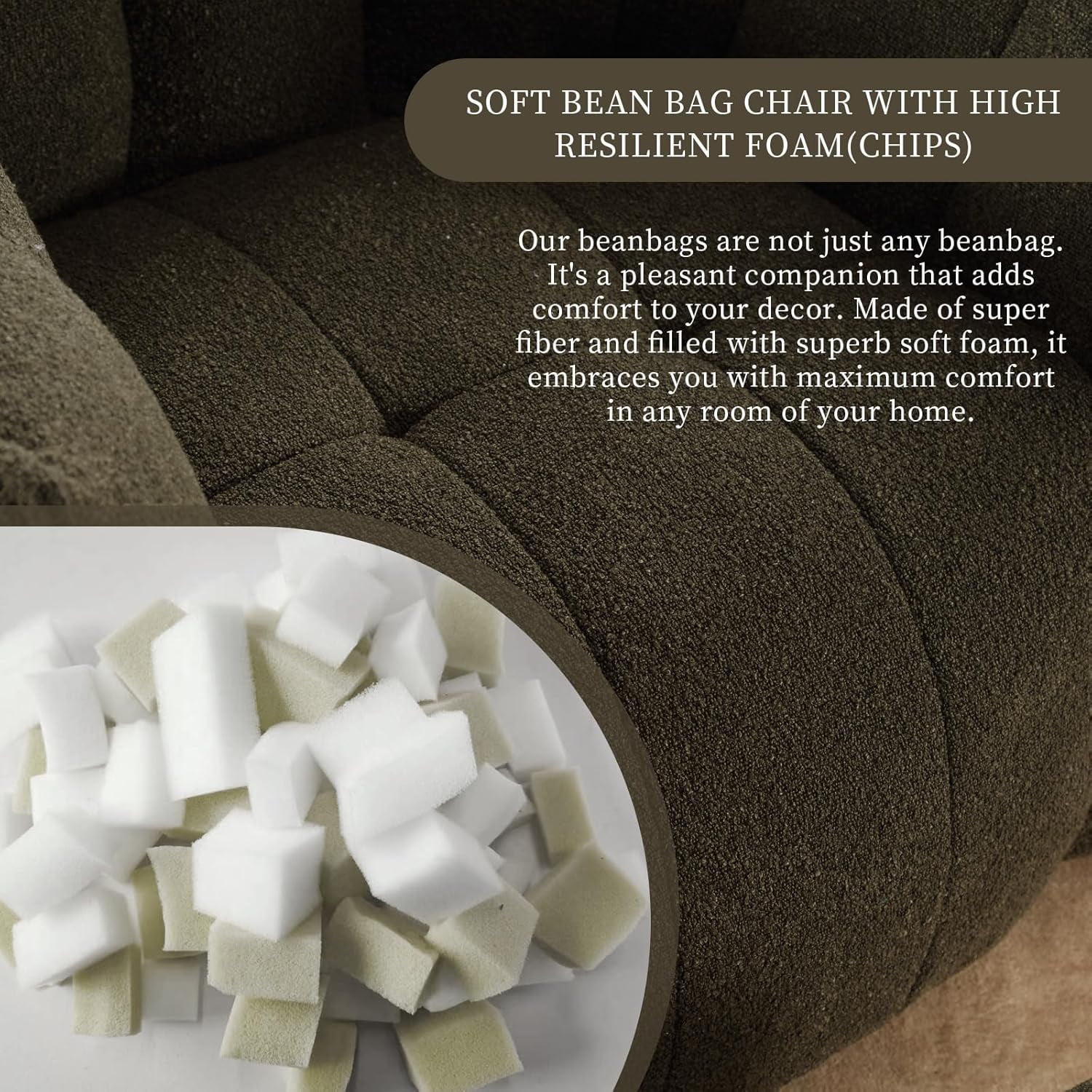 Tabaray Bean Bag Chairs with Ottoman, Bean Bag Couch for Adults, Bean Bag Sofa w High Resilient Foam, Modern Lazy Sofa Chair with Armrest for Living Room, Bedroom, Gaming Room, Apartment Olive Green