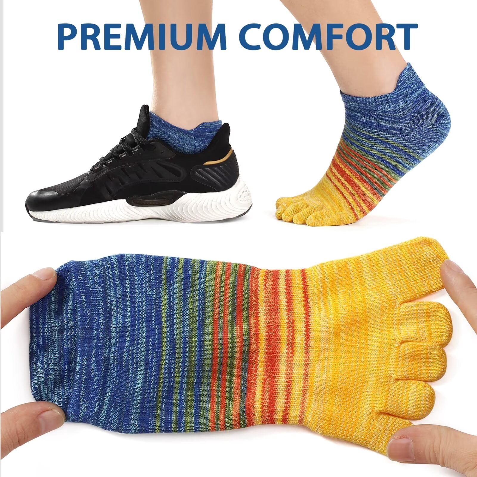 OpetHome Cotton Toe socks for women men, Walking Running Ankle five toe socks Multicolor 6 pairs Large size
