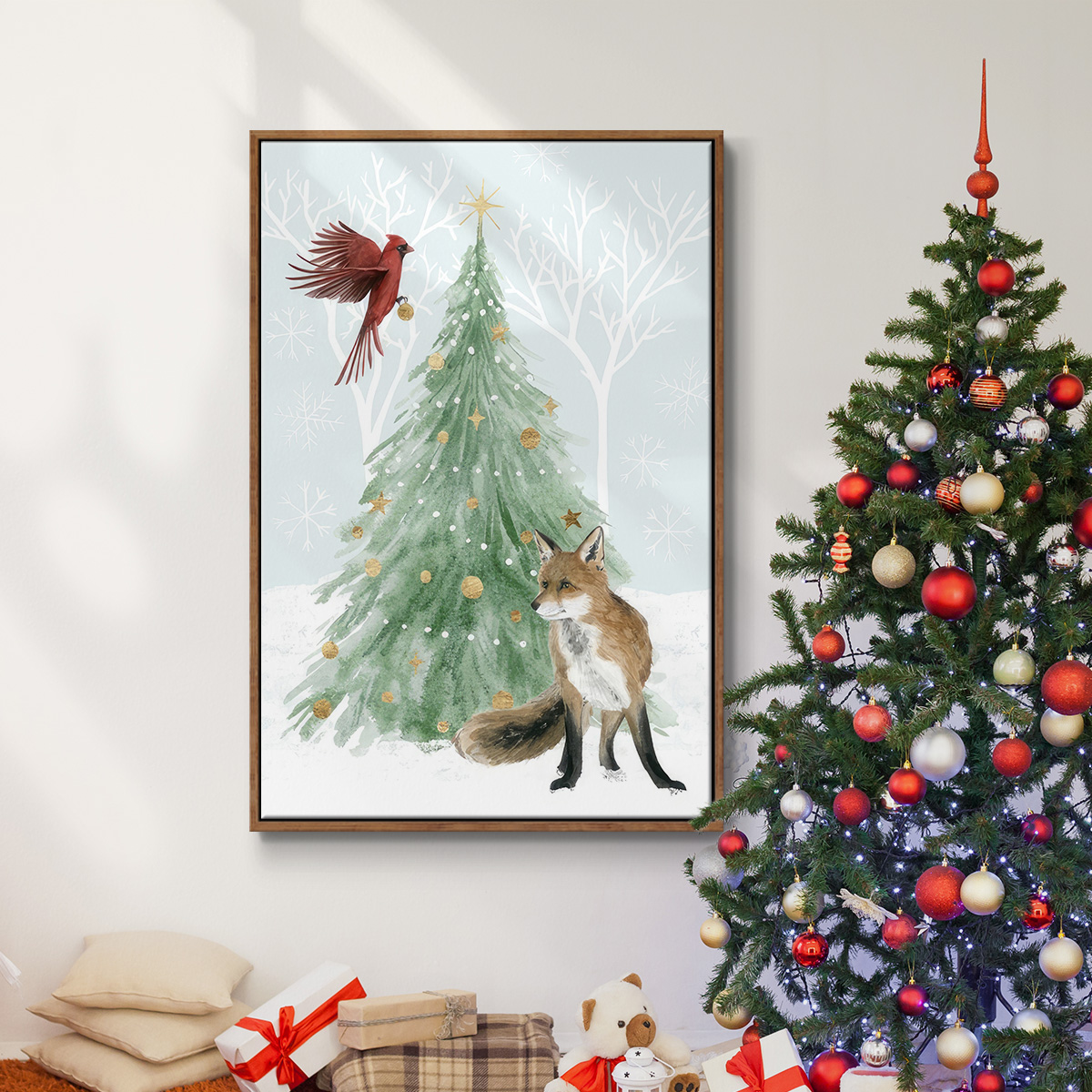 Christmas in the Forest Collection B - Framed Gallery Wrapped Holiday Canvas - 17 x 25 - Rosewood Frame