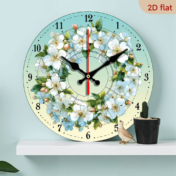 2D Flat, 1pc 10-Inch Large Round Silent Wall Clock with Green Hands White Face - European Modern Floral Muted Mint Green Veneer - Artificial Wood Large Face Clock for Living Room, Study, Office -