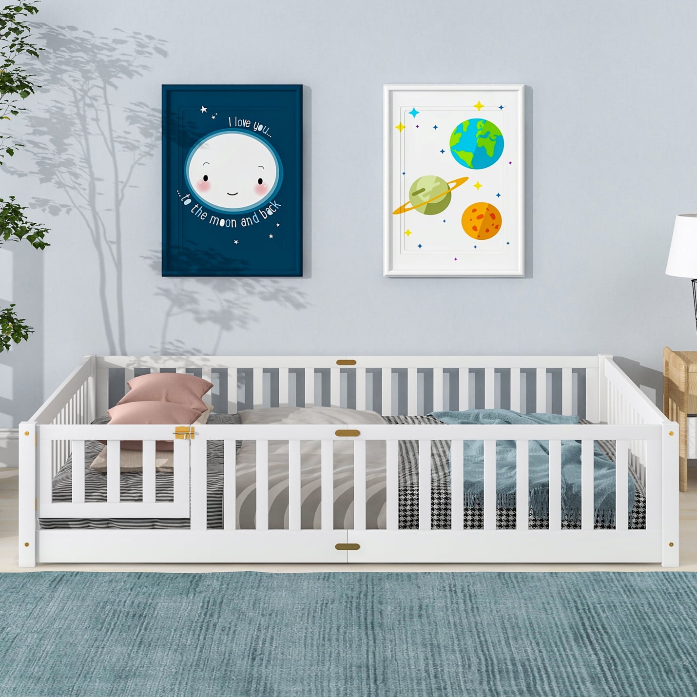 Queen Size Floor Bed with Fence for Kids, Wood Montessori Toddler Bed Frame with Door and Slats Support, Queen Size Platform for Girls and Boys, White