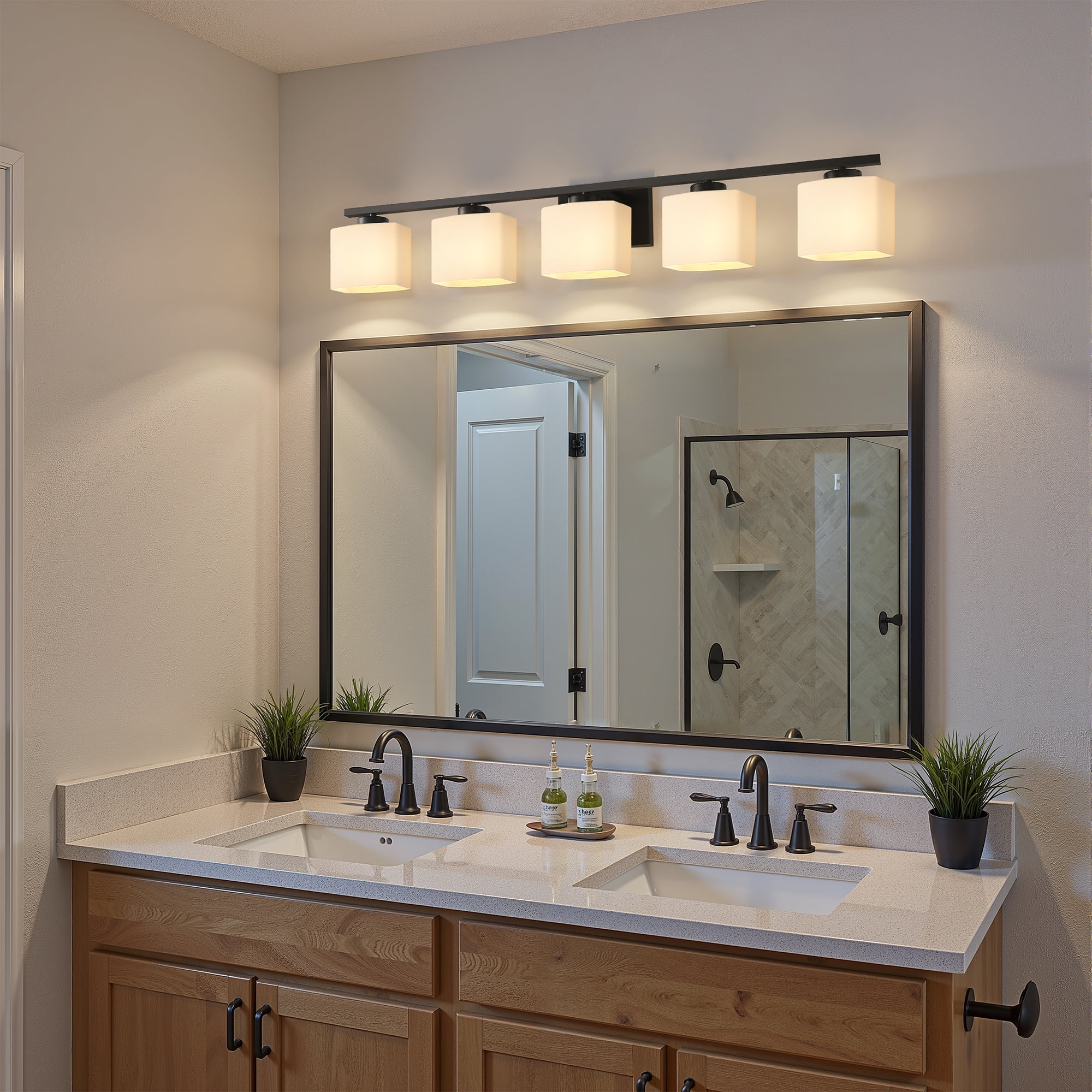YANSUN 39.8 in 5-Light Matte Black Modern Square Vanity Light with Milk White Shades, KD Wall Lamp, Modern Vanity Light Fixture for Bathroom Mirror, Bedroom, Living Room, Hallway, Vanity Table