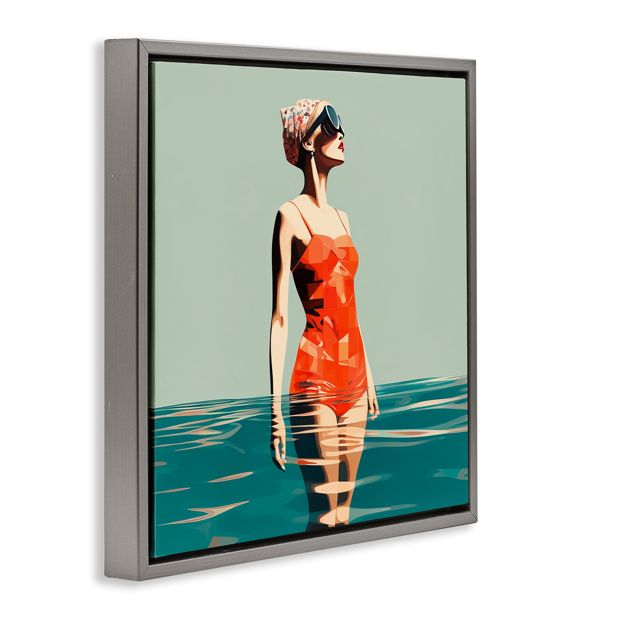Stupell Industries Retro Woman in Swimsuit Novelty Painting Gray Floater Framed Canvas Art Print Wall Art, 18 x 18