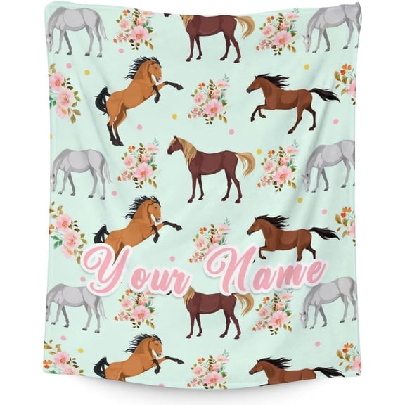 Horse Throw Blankets for Girls - Warm Cozy Throws with Horse Print - 40"x50" Inches Size Blankets- Green Pretty Blanket Gifts