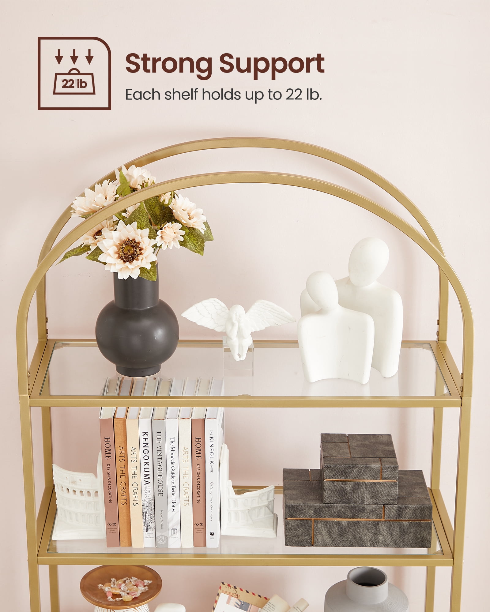 VASAGLE 5-Tier Gold Bookshelf Display Storage Shelf Modern Bookcase with Metal Frame for Bedroom Living Room Golden