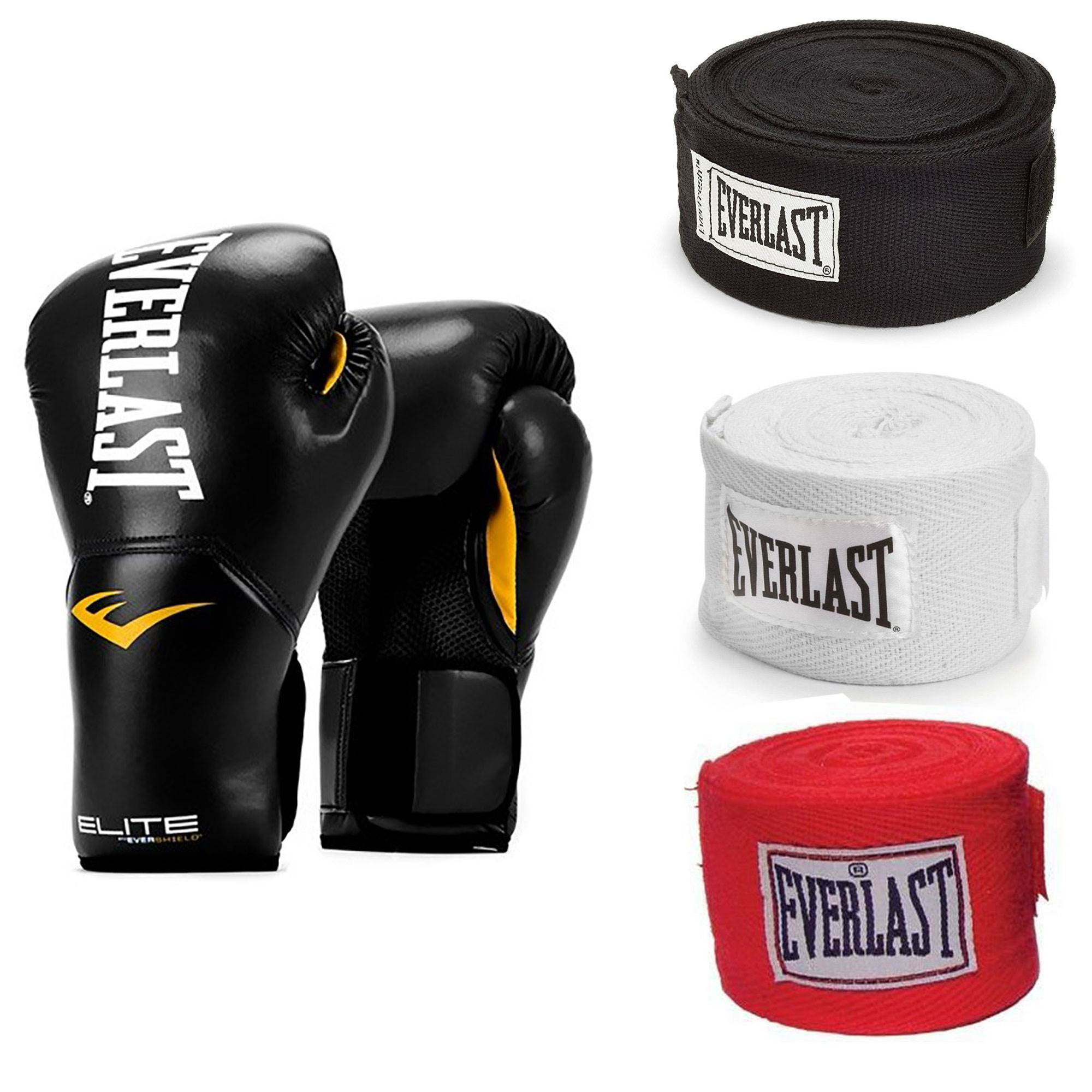 Everlast Black Elite ProStyle Boxing Gloves 12 Oz & 120-Inch Hand Wraps ...