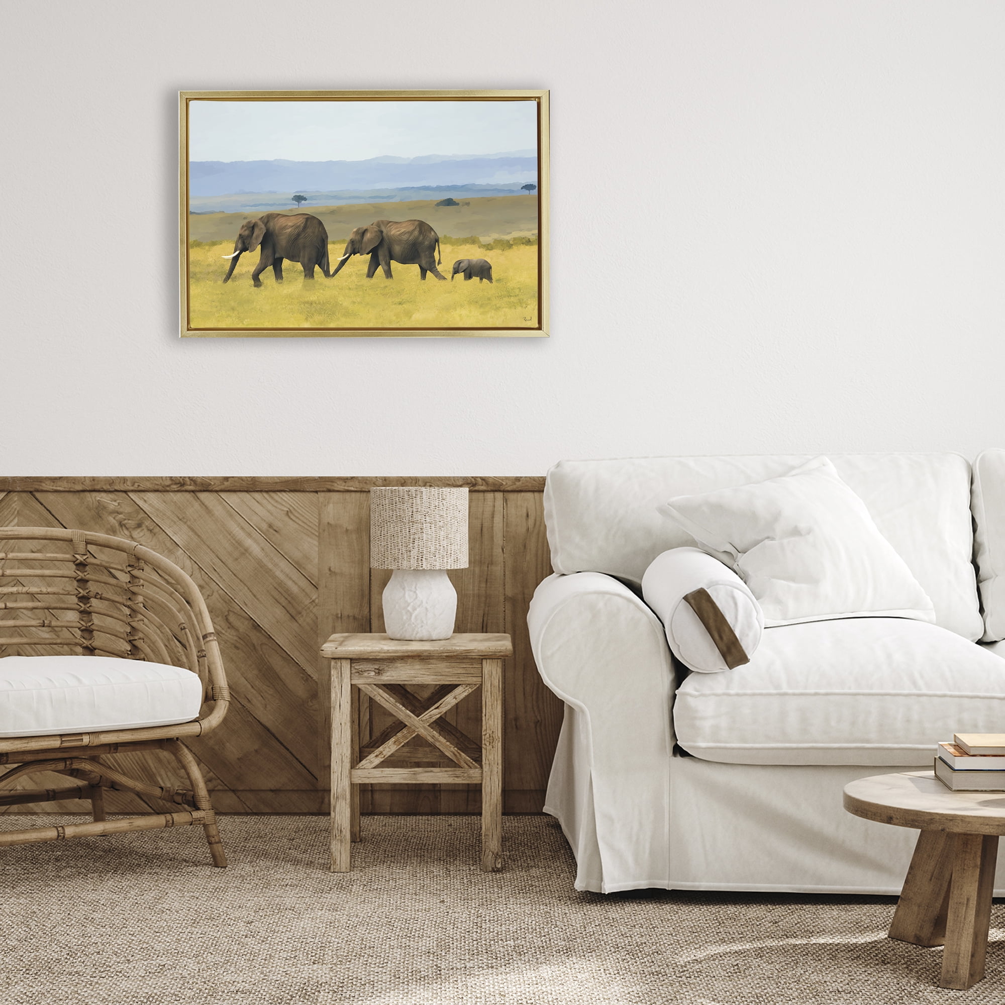 Stupell Industries Elephants In The Grassland Gold Framed Floater Canvas Wall Art, design by Renel Peters