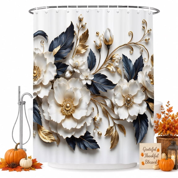 Cream Gold Flowers Shower Curtain Set - Long 72" x 84" Washable Bathtub Curtain with 12 Hooks, Modern Blooms Floral Navy Blue Leaves Waterproof Fabric Stall Shower Curtains for Bathroom Décor
