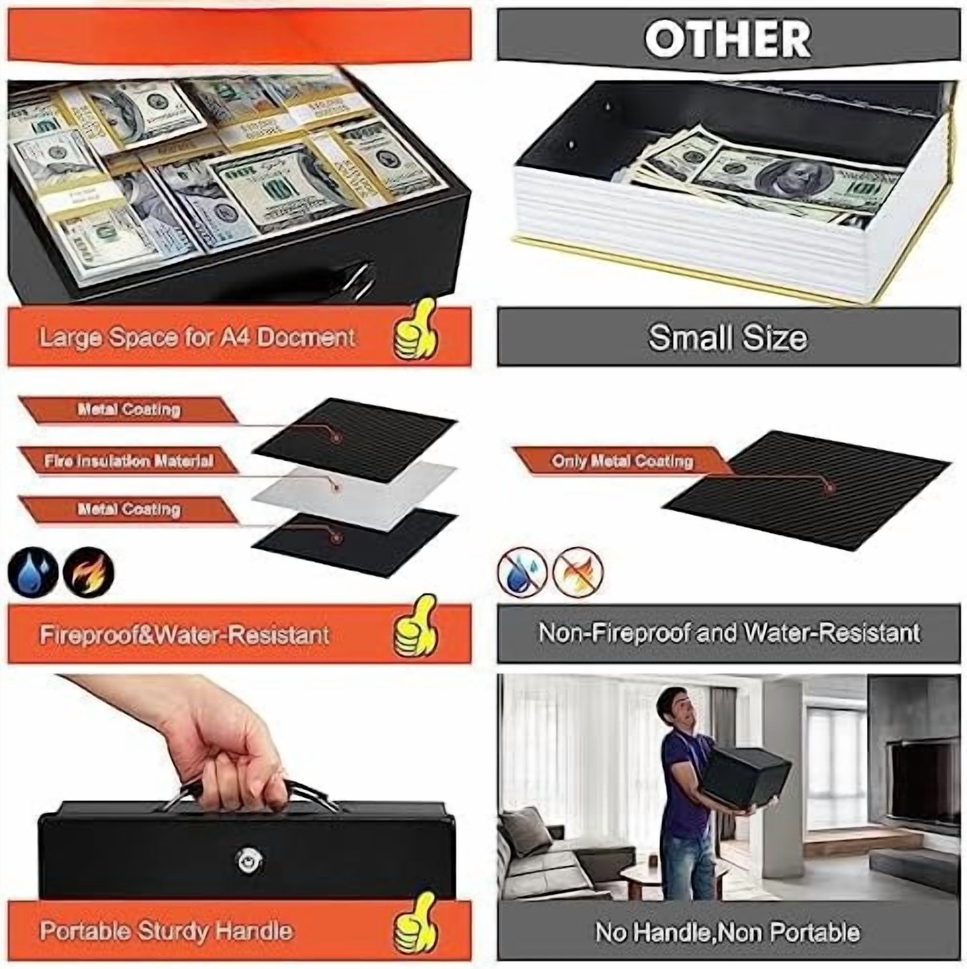 Fireproof Document Box with Key Lock, Large Safe Storage Box for Valuables, Fire Resistance Security Chest, Lock Box for Passport, Cash, Tablet 12.9'' x 10.7'' x 4.2'' Black