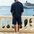 thumbnail image 5 of Men's 2 Piece Linen Set Loose Fit Casual Half Sleeve V Neck Shirt & Shorts Summer Beach Vacation Outfits Navy, 5 of 6
