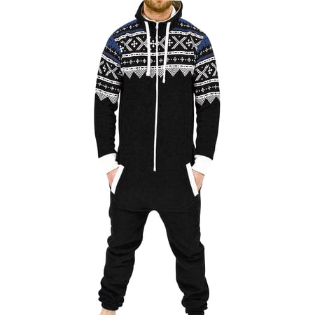 Men One Piece Non Footed Printed Pajamas, Adult Sleepwear with Hood Unisex Playsuit