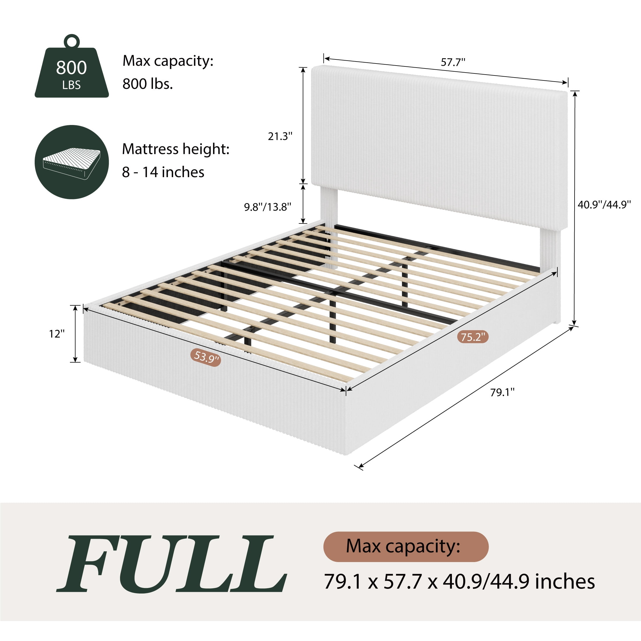 Amolife Full Size Upholstered Platform Bed Frame with Adjustable Height Headboard, Noise-Free, White