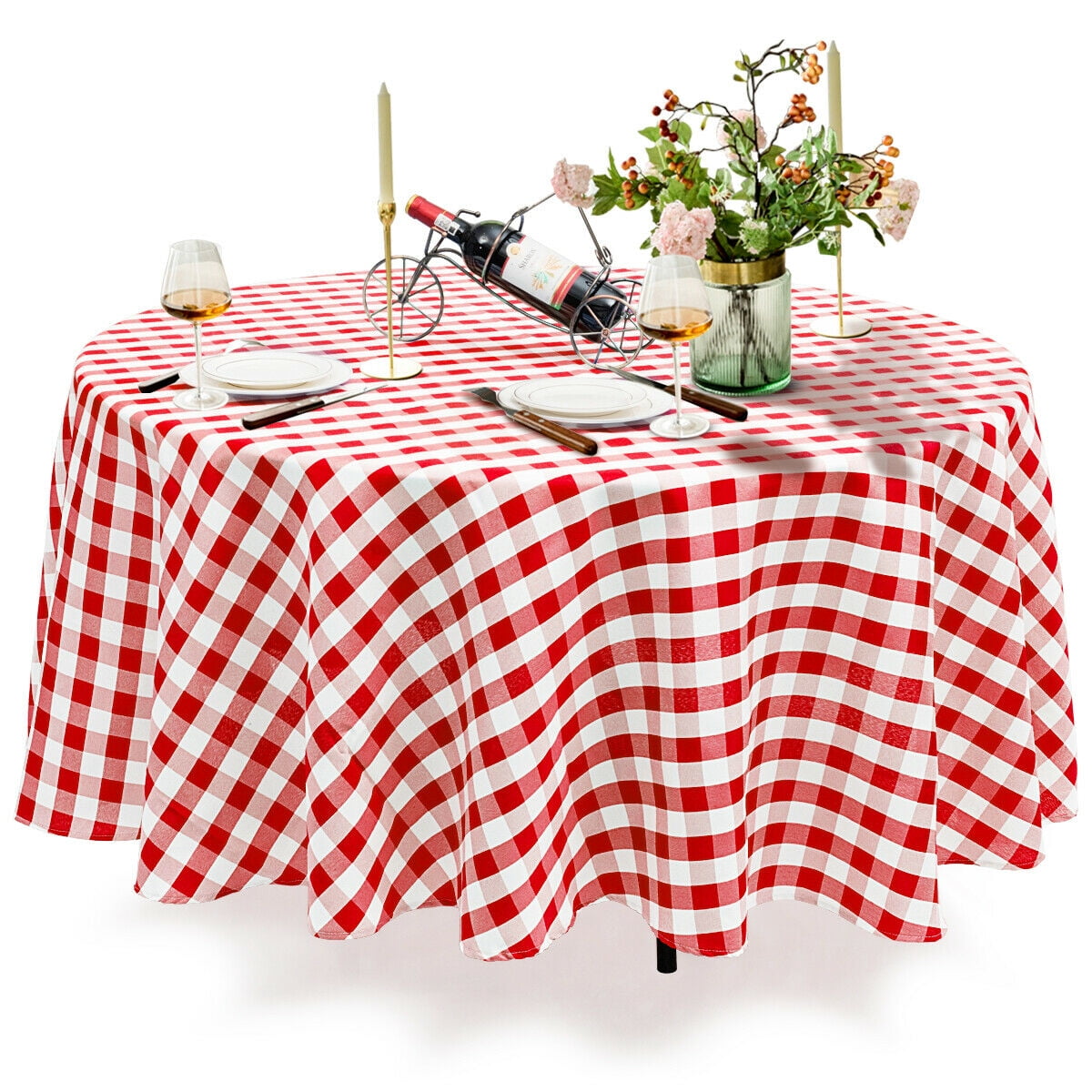 Gymax 2Pcs Red & White Gingham Checkered Tablecloth 90" Polyester Linen