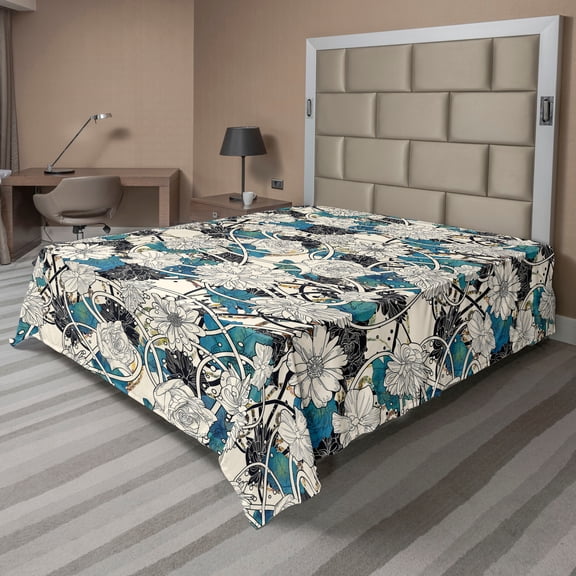 Ambesonne Flower Flat Bedding Sheet Soft Top Sheet, Abstract Floral Ornaments, California King, Champagne and Dark Turquoise