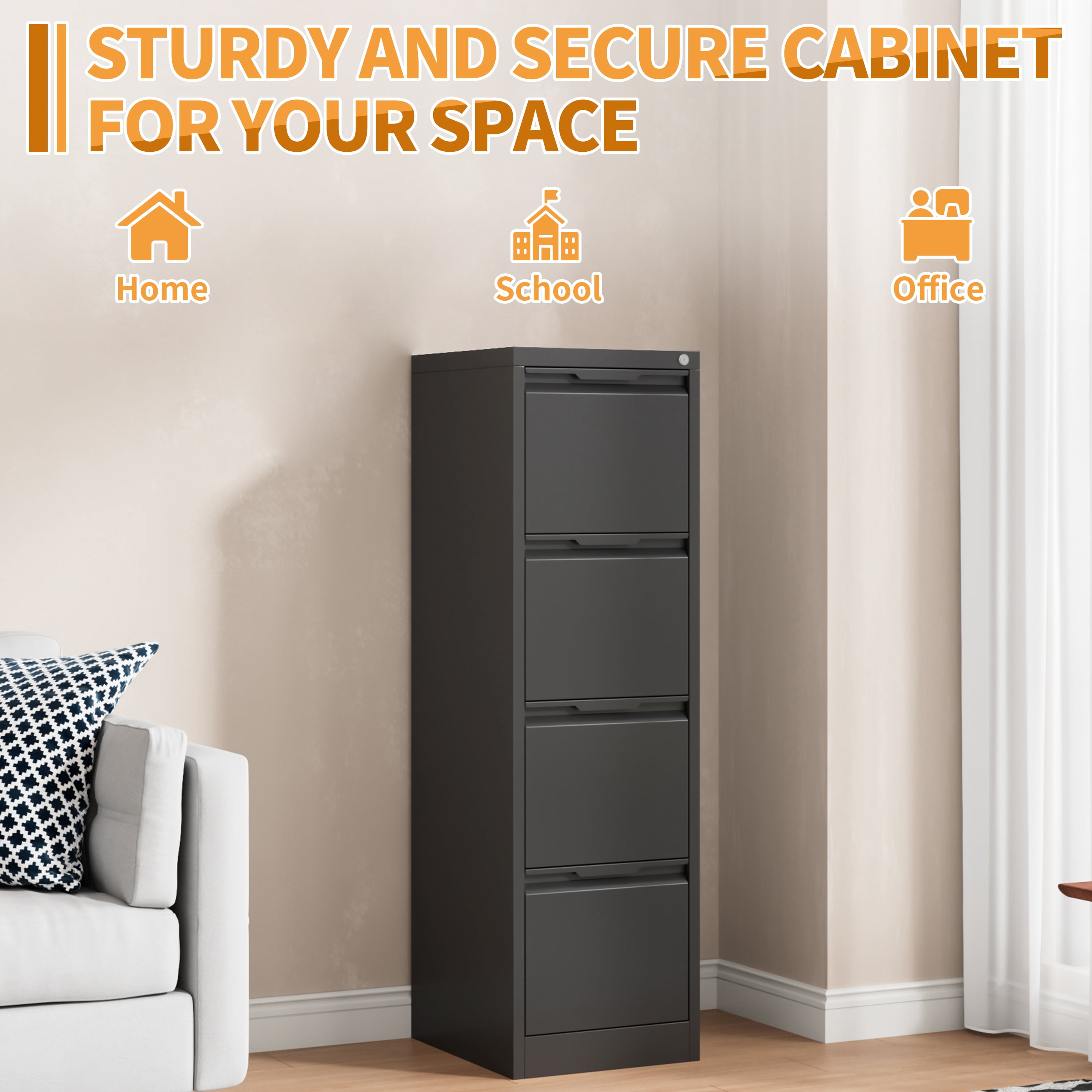 Metal File Cabinet with Lock, Storage Cabinet with 4 Drawers for Home Office,Metal Filing Cabinet for Legal/Letter/A4 Files,Assembly Required(15''W-4 Drawers,Black)