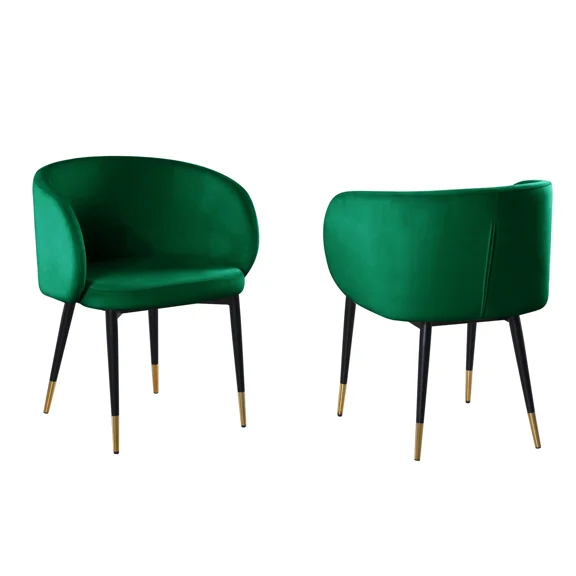 Luxury Barrel Back Dining Chair Set of 2 with Gold Accent, Modern Dining Room Furniture Velvet Upholstered Side Chair, Green