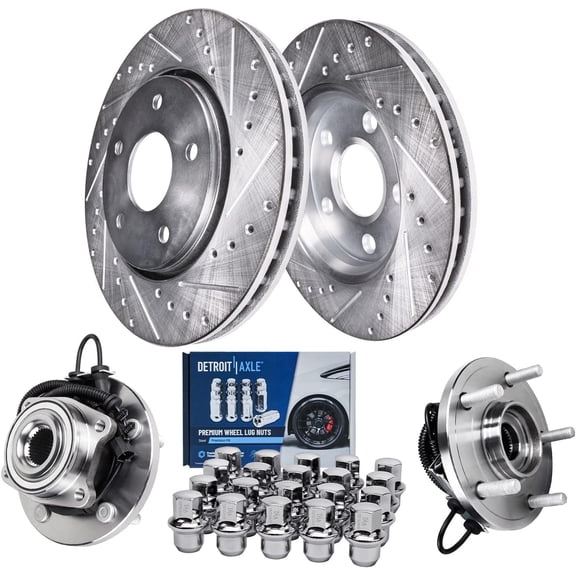 Detroit Axle - Front Brake Kit for Chrysler Town & Country Dodge Grand Caravan VW Routan Ram C/V, 2 Drilled & Slotted Disc Brake Rotors 2 Wheel Bearing & Hubs 20 Wheel Lug Nuts: 11.89" inch Rotor