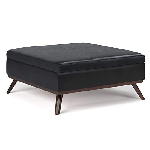 SIMPLIHOME Owen Table Basse Carrée de 36 Pouces de Large avec Dessus Relevable et Rangement, Pouf Repose-Pieds de Cocktail en Similicuir Aéré Noir Minuit Rembourré, Style Milieu du Siècle Moderne, Salon