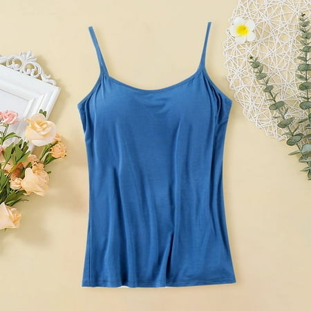 Summer Sleeveless Tank Tops for Women Blue Sexy Heart Bras Top Adjustable Strap Basic Solid Camisole V Neck With Built In Padded Bra Vest L