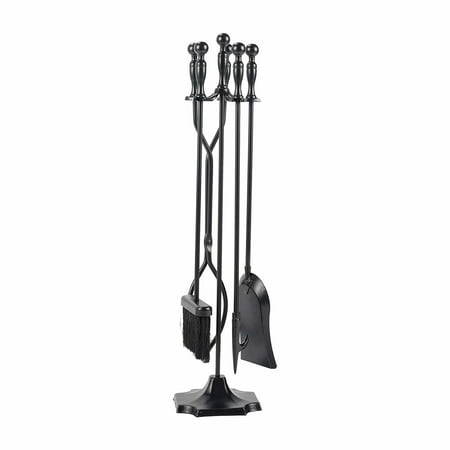 Fire Poker Sets Barton 5PC Rustic Fireplace Tools Set Hearth Iron Poker Wood Stove Log Tongs Holder Brush Set ()