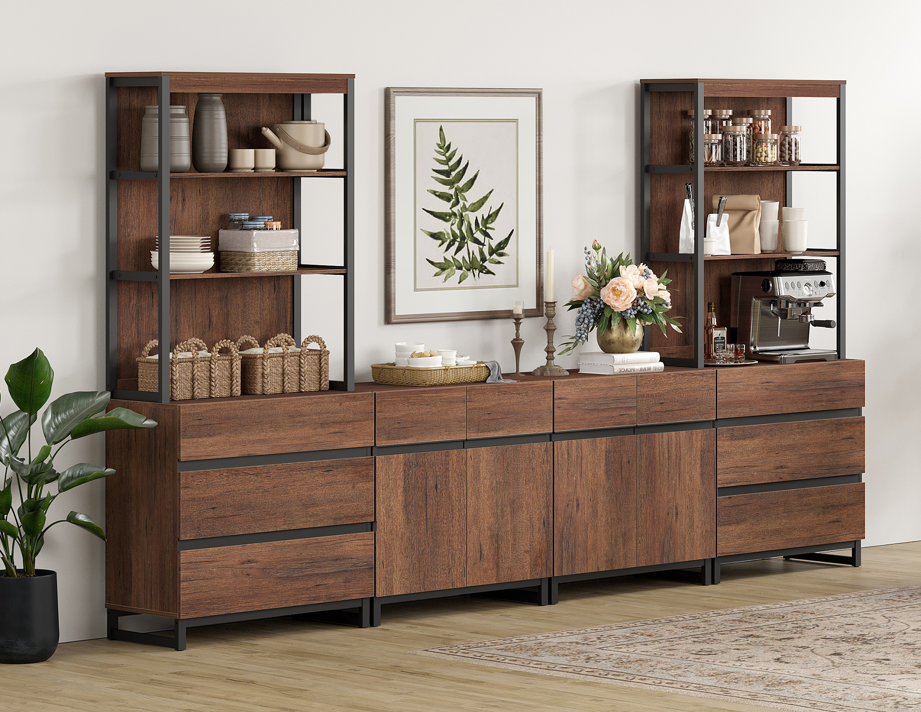 WAMPAT 4-Piece 72" Tall Modern Wood Bookcase with 6 Drawers & Adjustable Shelves, Freestanding Library Bookshelf with Storage Cabinet & Open Shelving for Home Office, Living Room, Brown