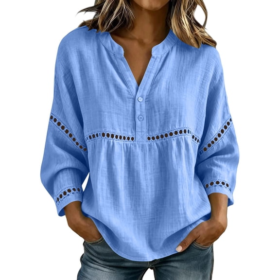 ZGRBOU Women Eyelet V Neck Button Down Shirt Casual 3/4 Puff Sleeve Cotton Blouse Summer Loose Boho Beach Vacasion Tops