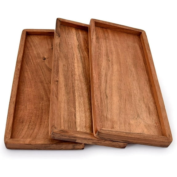 Acacia Wood Rectangular Wooden Platters for Home Decor, Food, Veables, Fruit, Charcuterie, Appetizer Serving Tray (13" x 5.5" x 0.75") (Set of 3)