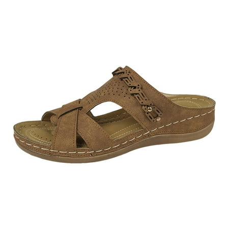 

Ediodpoh Ladies Summer Solid Colour Flowers Hollow Breathable Slope with Thick Bottom Large Size Sandals Slippers Sandals for Women 2024 Brown 8.5(41)