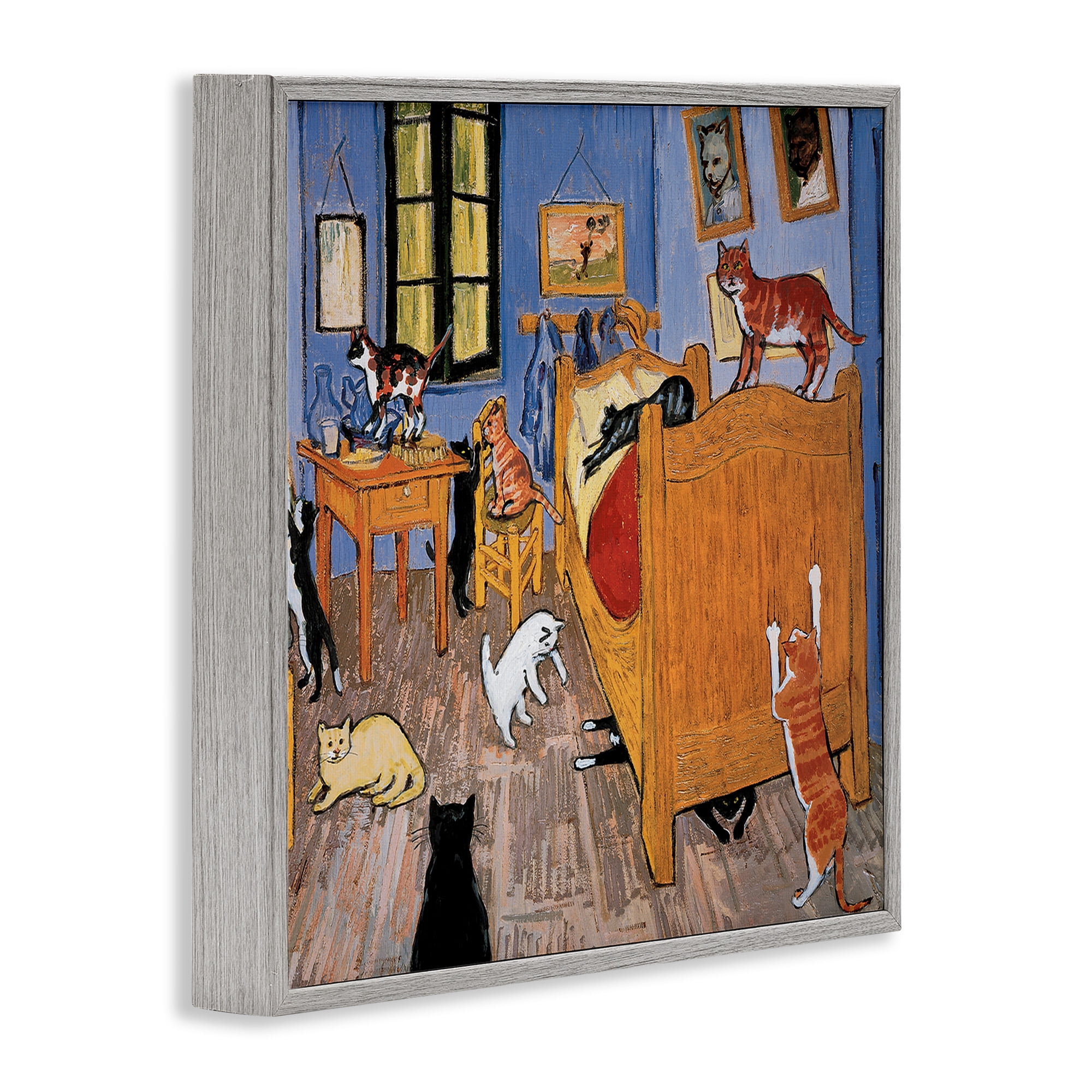 Stupell Industries Cats in Bedroom Classics Parody Animals & Insects Painting Gray Framed Art Print Wall Art, 17 x 17