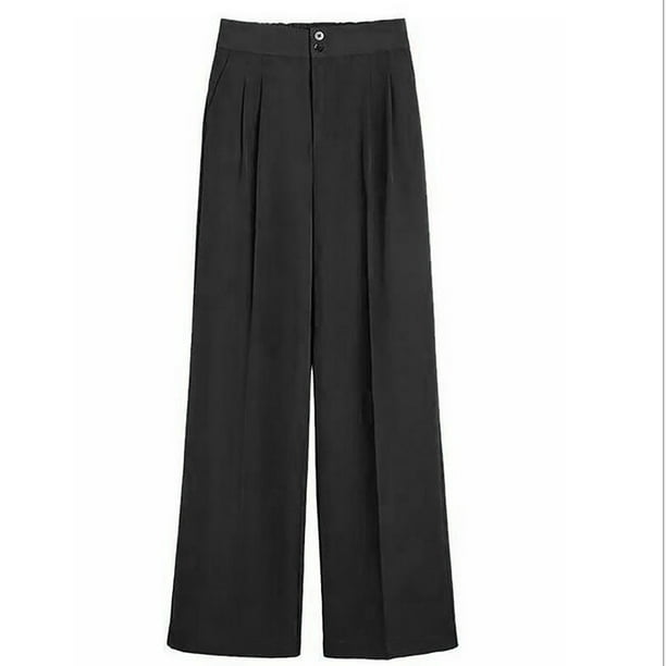 Pants for Women Summer Fashion Height Waist Elastic Wide Leg Pamts Casual  Solid Color Baggy Cropped Trousers with Pockets Black XXL (12) 