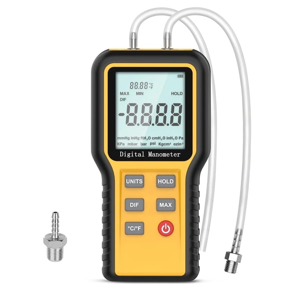 Manometer Gas Pressure Tester, Digital HAVC Manometer Dual-Port Air Pressure Meter with Backlight and Data Record Function, Professional Differential Pressure Gauge with 12 Measure Units