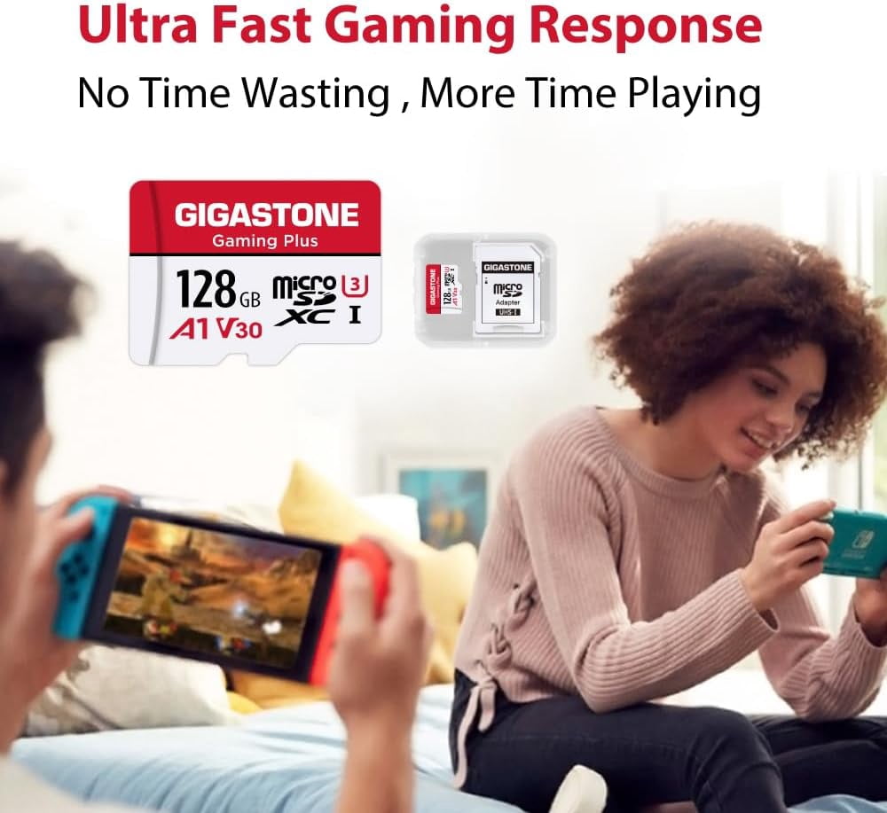 Gigastone 128GB microSDXC U3 A1V30 Memory Card for Nintendo Switch, Red and White – 100MB/s, Micro SD Card