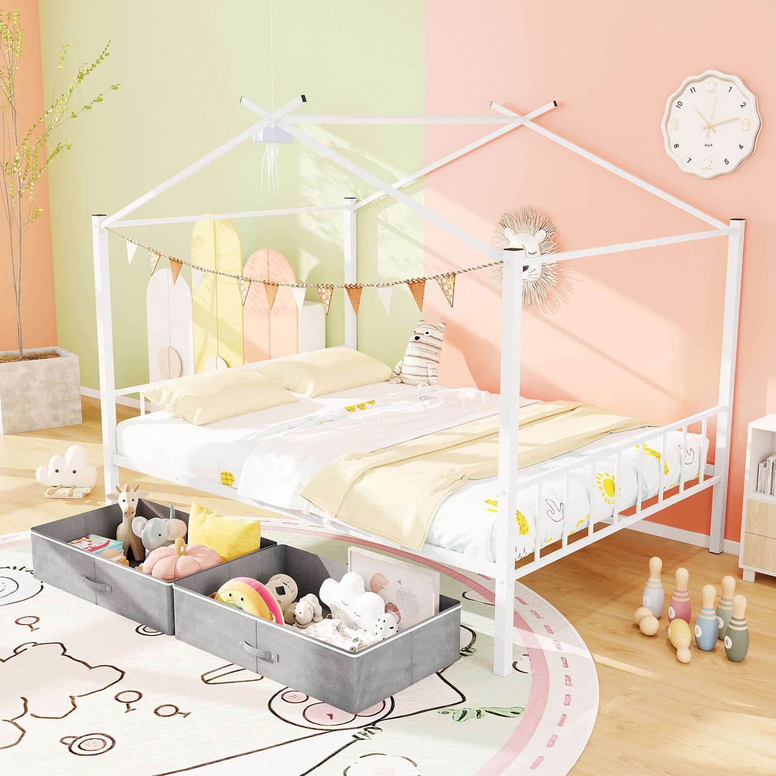 Infans Full Size Metal House Bed with 2 Fabric Drawers Heavy-Duty Platform Bed White