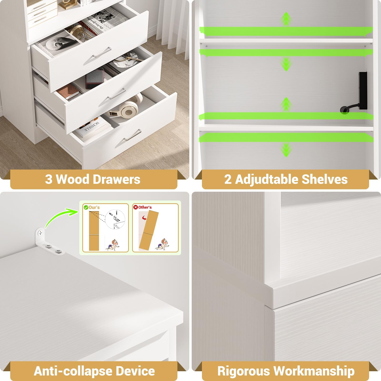 Homieasy 71" Tall Bookcases with 3 Large Drawers & 3 Shelves, Wooden Bookshelf for Living Room Office, with USB Ports & Outlets.White