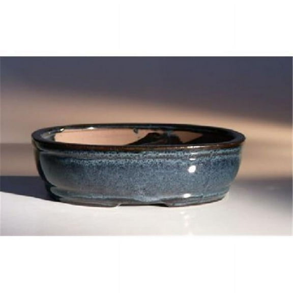Bonsai Boy J14 7.75 x 6 x 2.5 in. Ceramic Bonsai Pot - Land & Water Divider, Blue - Oval