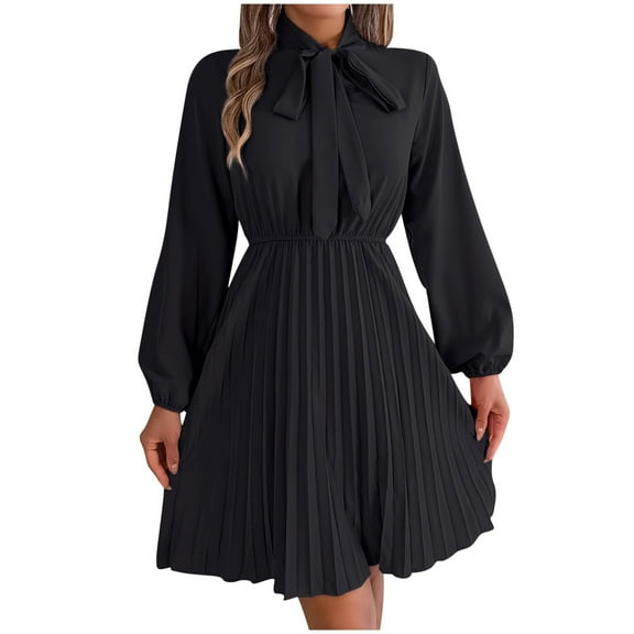 Womens Business Casual Bow Tie Dress Solid Color Long Sleeves Pleated Flowy Midi Dresses