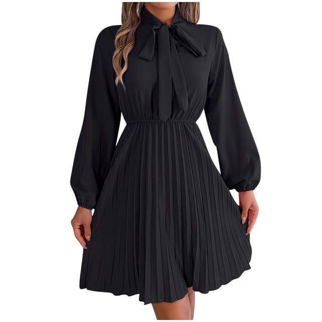 cfhntfmh Robes d'Invitée de Mariage pour Femmes Tendance Nœud Papillon Manches Longues Robe de Soirée Ample Plissée Robe Trapèze Courte
