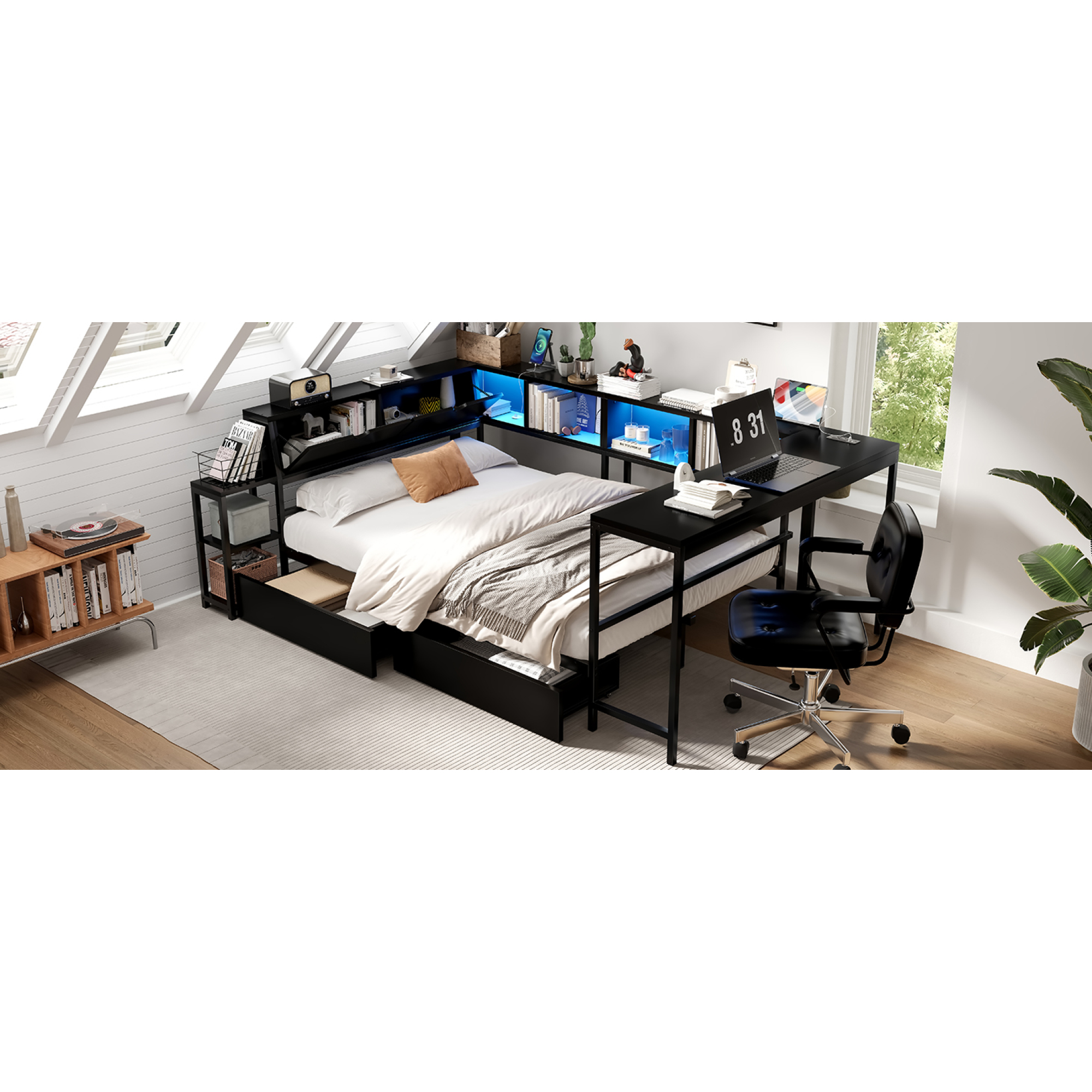 Leumius Full Size Bed Frame with Bookcase and 2 Underbed Storage Drawers, Modern Twin Corner Bed with LED Light and Charging Station for Home Office, Guest Room Black