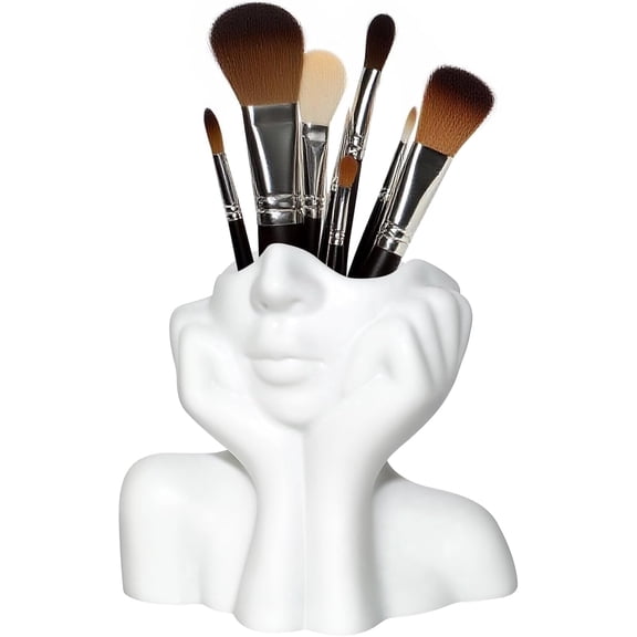 White Face Makeup Brush Holder Organizer, Female Form Head Half Body Cosmetic Tools Storage Cup, Funny vinyl Pen Holder for Desktop, Office, Bathroom, Living Room, Freestanding Home Decor